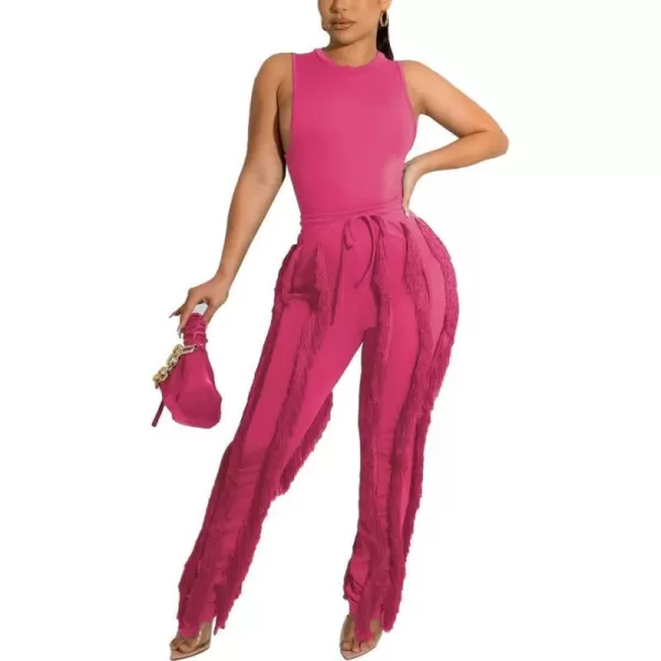 IyMoo Two Piece Outfits for Women Long Sleeve Sleeveless Tank Tops Fringe Tassel Shorts Long Pants Set Clubwear S3XLA1 Rose Pink