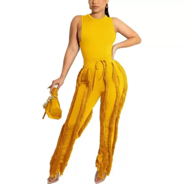 IyMoo Two Piece Outfits for Women Long Sleeve Sleeveless Tank Tops Fringe Tassel Shorts Long Pants Set Clubwear S3XLA1 Yellow