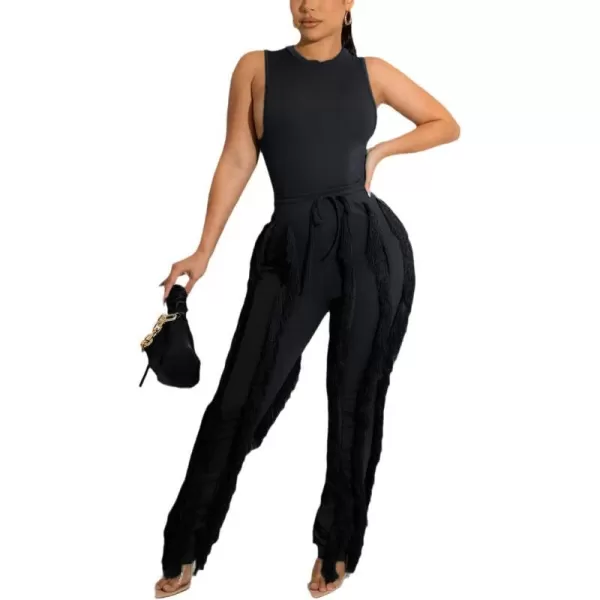 IyMoo Two Piece Outfits for Women Long Sleeve Sleeveless Tank Tops Fringe Tassel Shorts Long Pants Set Clubwear S3XLA11 Black