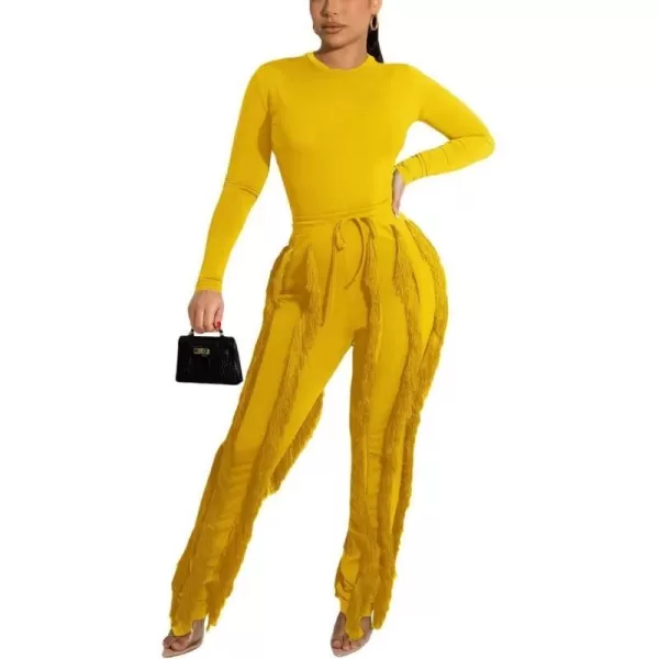 IyMoo Two Piece Outfits for Women Long Sleeve Sleeveless Tank Tops Fringe Tassel Shorts Long Pants Set Clubwear S3XLA2jumperpants Yellow