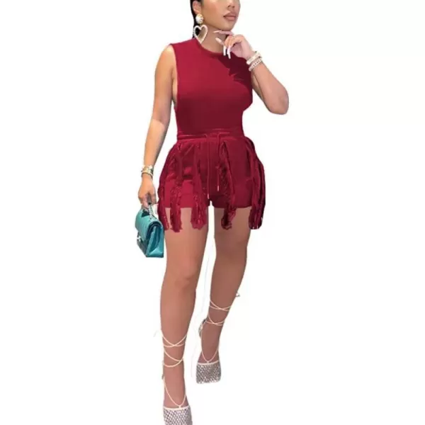 IyMoo Two Piece Outfits for Women Long Sleeve Sleeveless Tank Tops Fringe Tassel Shorts Long Pants Set Clubwear S3XLA3 Wine Red
