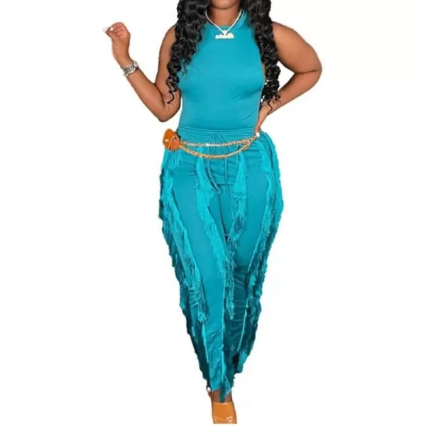 IyMoo Two Piece Outfits for Women Long Sleeve Sleeveless Tank Tops Fringe Tassel Shorts Long Pants Set Clubwear S3XLA4 Lightblue