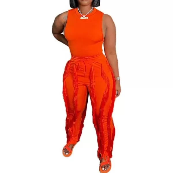 IyMoo Two Piece Outfits for Women Long Sleeve Sleeveless Tank Tops Fringe Tassel Shorts Long Pants Set Clubwear S3XLA4 Orange