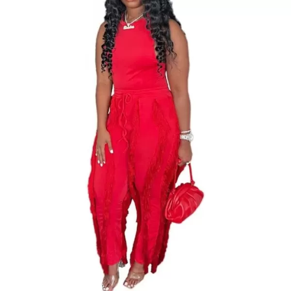 IyMoo Two Piece Outfits for Women Long Sleeve Sleeveless Tank Tops Fringe Tassel Shorts Long Pants Set Clubwear S3XLA4 Red