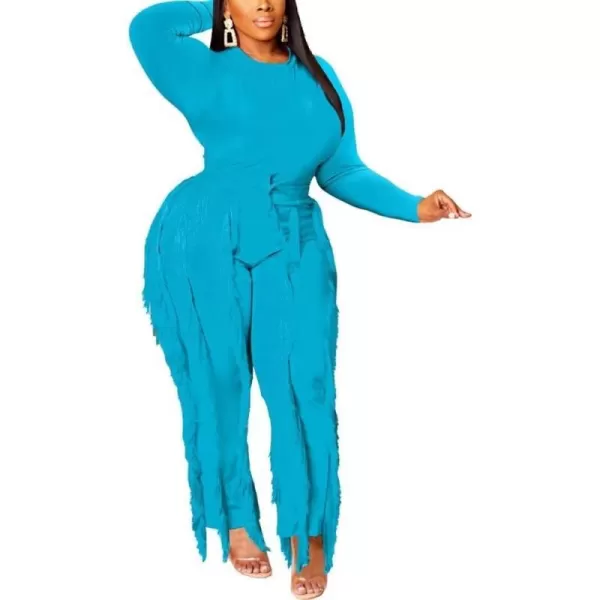 IyMoo Two Piece Outfits for Women Long Sleeve Sleeveless Tank Tops Fringe Tassel Shorts Long Pants Set Clubwear S3XLA5 Lightblue