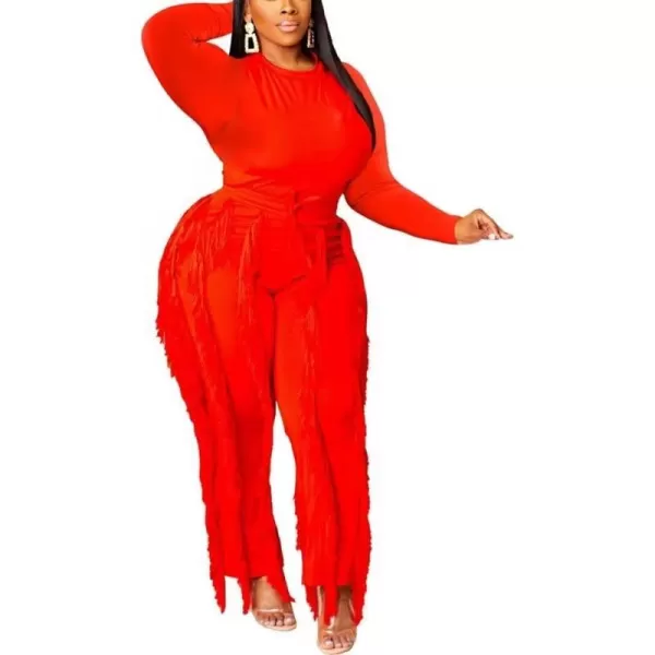 IyMoo Two Piece Outfits for Women Long Sleeve Sleeveless Tank Tops Fringe Tassel Shorts Long Pants Set Clubwear S3XLA5 Red