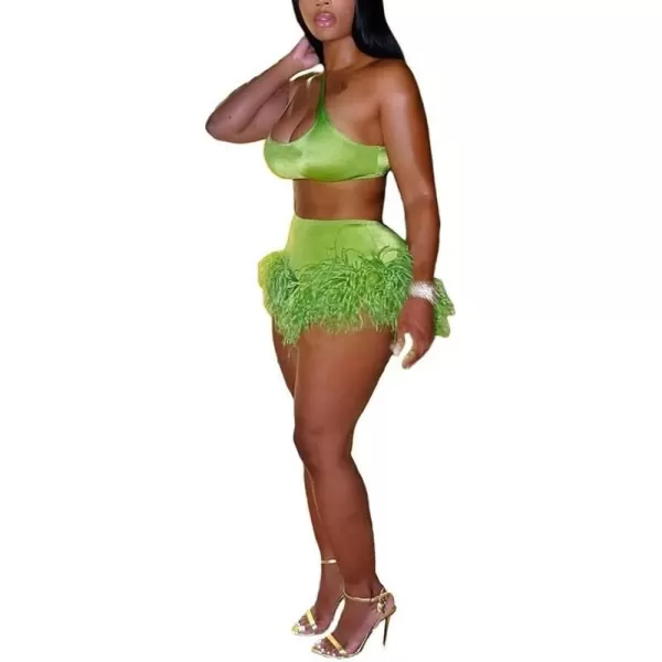 IyMoo Two Piece Outfits for Women One Shoulder Sleeveless Cutout Feather Ruffle Tank Tops Shorts Set Clubwear S2XLA1 Green