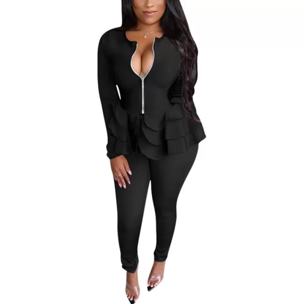IyMoo Two Piece Outfits for Women Sexy Long Sleeve V Neck Peplum Pullover Tops Bodycon Long Pants Sets Tracksuit3black