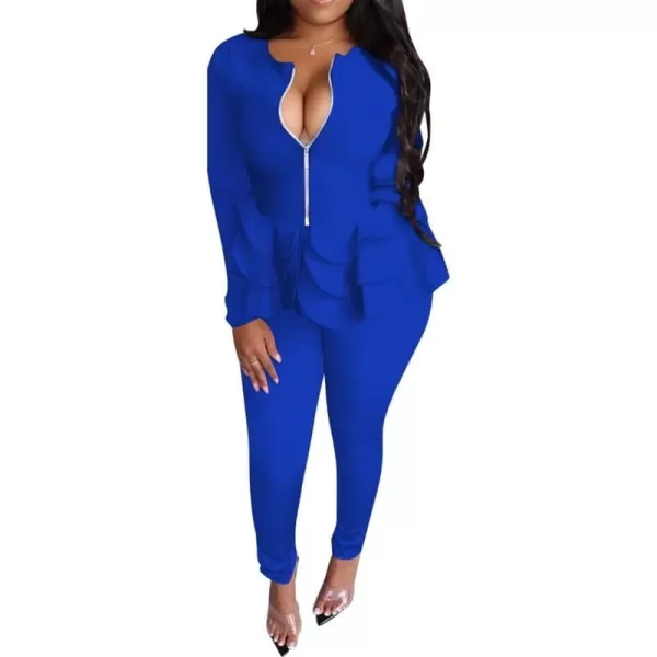 IyMoo Two Piece Outfits for Women Sexy Long Sleeve V Neck Peplum Pullover Tops Bodycon Long Pants Sets Tracksuit3blue