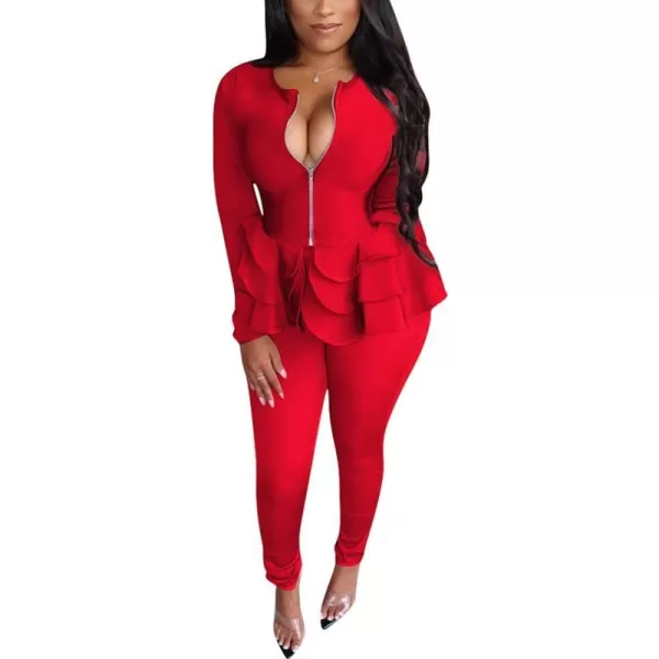 IyMoo Two Piece Outfits for Women Sexy Long Sleeve V Neck Peplum Pullover Tops Bodycon Long Pants Sets Tracksuit3red