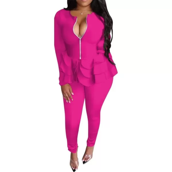 IyMoo Two Piece Outfits for Women Sexy Long Sleeve V Neck Peplum Pullover Tops Bodycon Long Pants Sets Tracksuit3rose Red