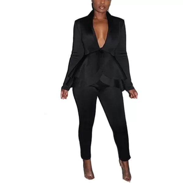 IyMoo Two Piece Outfits for Women Sexy Long Sleeve V Neck Peplum Pullover Tops Bodycon Long Pants Sets TracksuitBlack