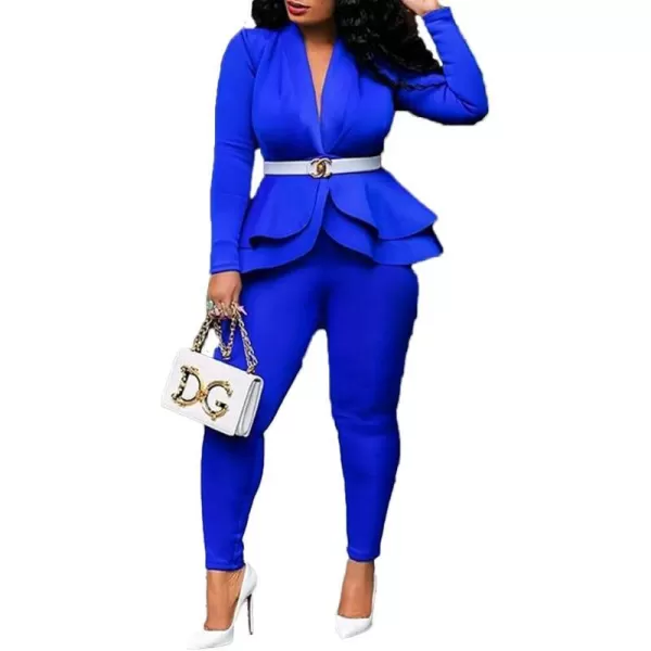 IyMoo Two Piece Outfits for Women Sexy Long Sleeve V Neck Peplum Pullover Tops Bodycon Long Pants Sets TracksuitBlue