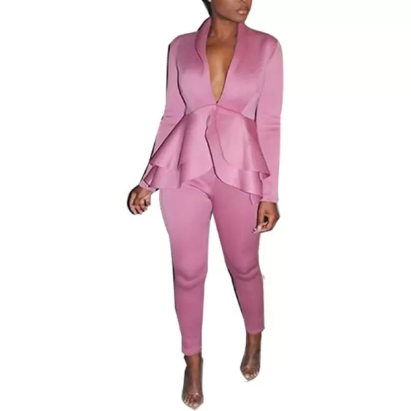 IyMoo Two Piece Outfits for Women Sexy Long Sleeve V Neck Peplum Pullover Tops Bodycon Long Pants Sets TracksuitPink