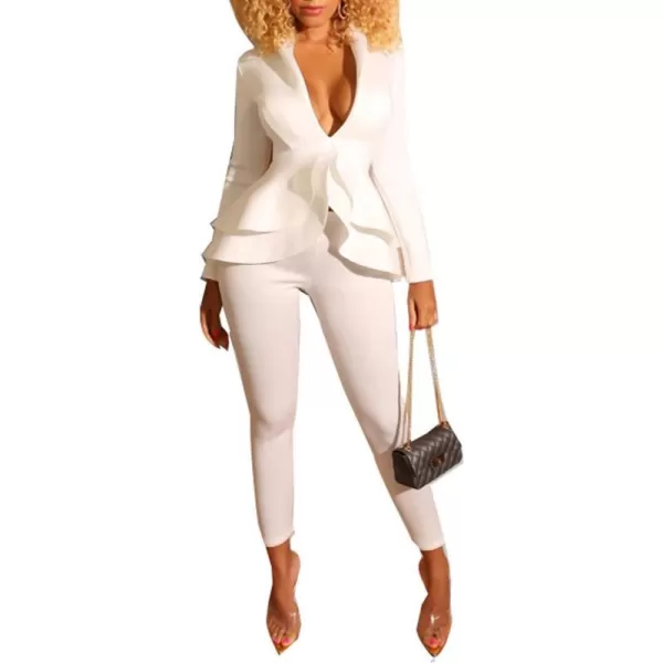 IyMoo Two Piece Outfits for Women Sexy Long Sleeve V Neck Peplum Pullover Tops Bodycon Long Pants Sets TracksuitWhite