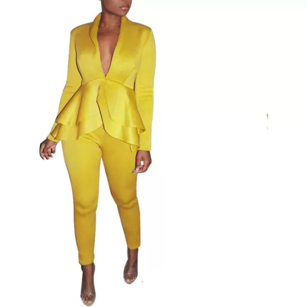 IyMoo Two Piece Outfits for Women Sexy Long Sleeve V Neck Peplum Pullover Tops Bodycon Long Pants Sets TracksuitYellow