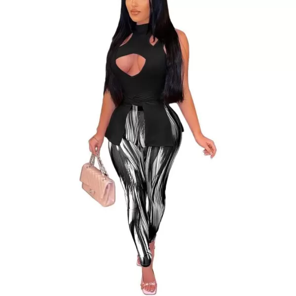IyMoo Two Piece Pants Set Women Sleeveless Cutout Tops and Printed Bodycon Long Pants Set S2XLA1 Black