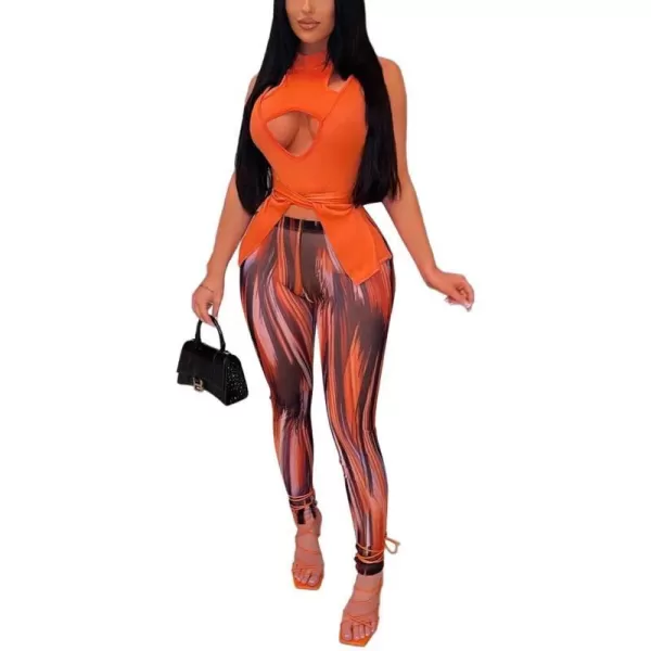 IyMoo Two Piece Pants Set Women Sleeveless Cutout Tops and Printed Bodycon Long Pants Set S2XLA1 Orange