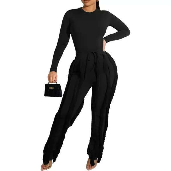 IyMoo Women 2 Piece Outfits Jumpsuit  Long Sleeve Crewneck Sweatshirt Fringe High Waisted Pants Sweatsuit SetBlack
