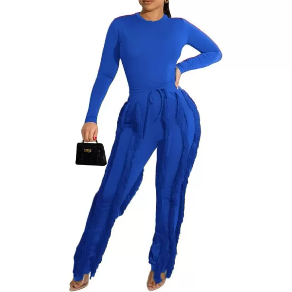 IyMoo Women 2 Piece Outfits Jumpsuit  Long Sleeve Crewneck Sweatshirt Fringe High Waisted Pants Sweatsuit SetBlue