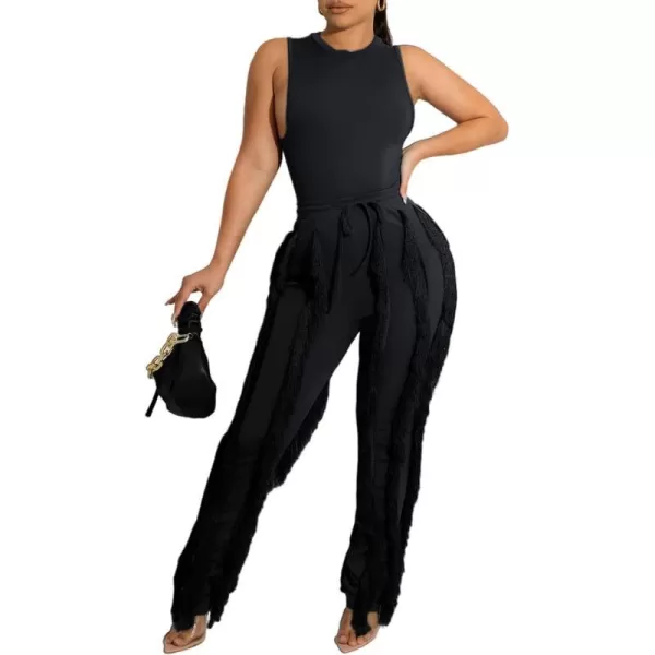 IyMoo Women 2 Piece Outfits Jumpsuit  Long Sleeve Crewneck Sweatshirt Fringe High Waisted Pants Sweatsuit SetSleeveless Black