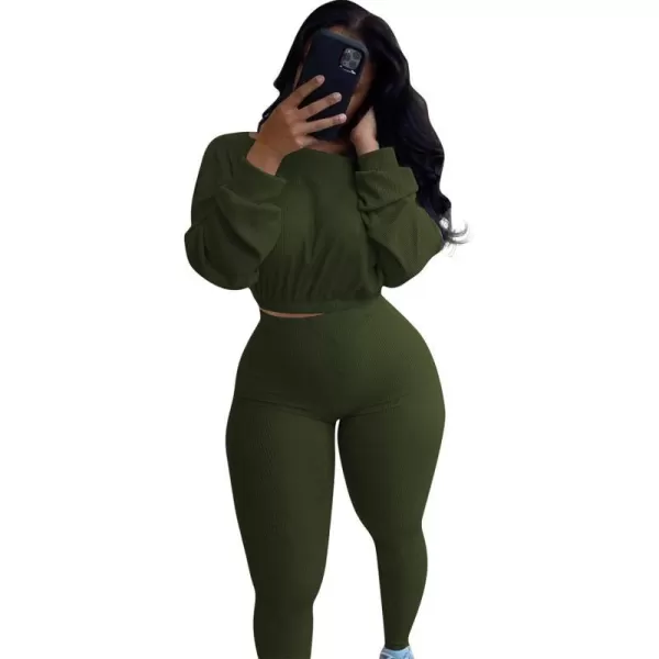IyMoo Women 2 Piece Outfits Sweatsuit Set  Long Sleeve Ribbed Crop Top  Skinny Long Pants Tracksuit Jogger SetArmy Green