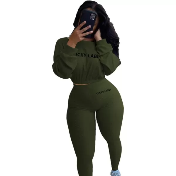 IyMoo Women 2 Piece Outfits Sweatsuit Set  Long Sleeve Ribbed Crop Top  Skinny Long Pants Tracksuit Jogger SetArmy Green Letter