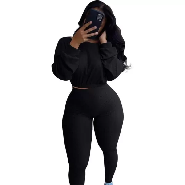 IyMoo Women 2 Piece Outfits Sweatsuit Set  Long Sleeve Ribbed Crop Top  Skinny Long Pants Tracksuit Jogger SetBlack