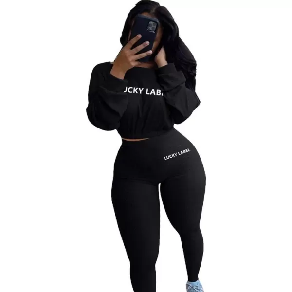IyMoo Women 2 Piece Outfits Sweatsuit Set  Long Sleeve Ribbed Crop Top  Skinny Long Pants Tracksuit Jogger SetBlack Letter