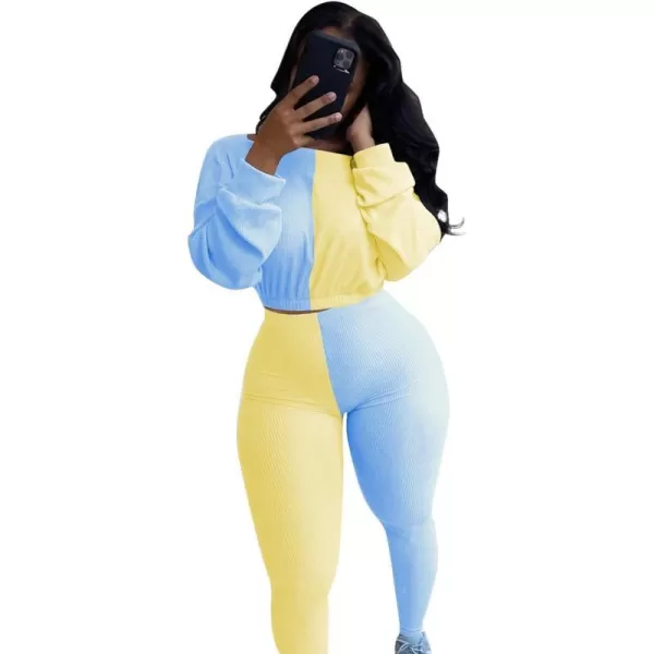 IyMoo Women 2 Piece Outfits Sweatsuit Set  Long Sleeve Ribbed Crop Top  Skinny Long Pants Tracksuit Jogger SetBlue Yellow