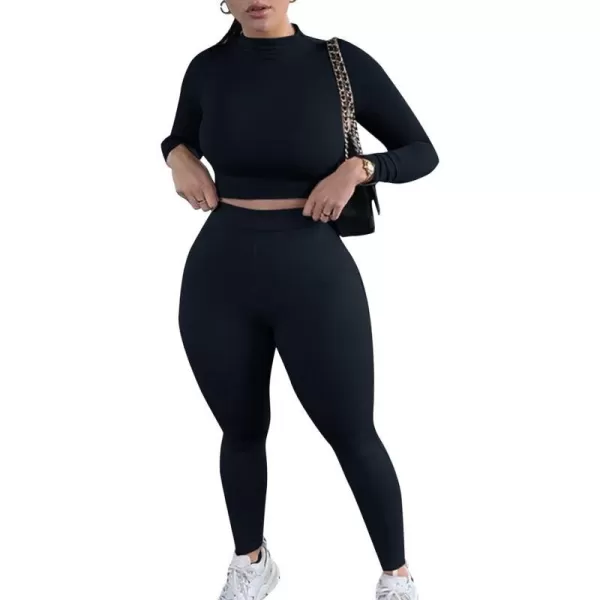 IyMoo Women 2 Piece Outfits Sweatsuit Set  Long Sleeve Ribbed Crop Top  Skinny Long Pants Tracksuit Jogger SetBodycon Black