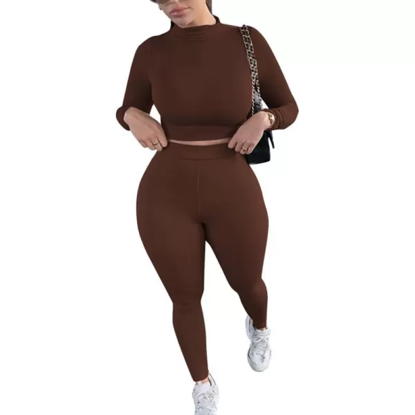 IyMoo Women 2 Piece Outfits Sweatsuit Set  Long Sleeve Ribbed Crop Top  Skinny Long Pants Tracksuit Jogger SetBodycon Coffee