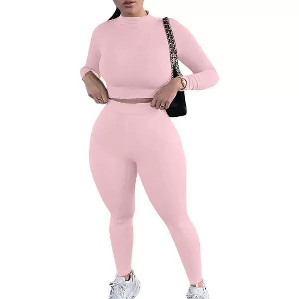 IyMoo Women 2 Piece Outfits Sweatsuit Set  Long Sleeve Ribbed Crop Top  Skinny Long Pants Tracksuit Jogger SetBodycon Pink