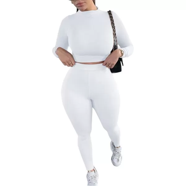 IyMoo Women 2 Piece Outfits Sweatsuit Set  Long Sleeve Ribbed Crop Top  Skinny Long Pants Tracksuit Jogger SetBodycon White