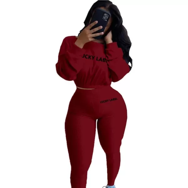 IyMoo Women 2 Piece Outfits Sweatsuit Set  Long Sleeve Ribbed Crop Top  Skinny Long Pants Tracksuit Jogger SetBurgundy Letter