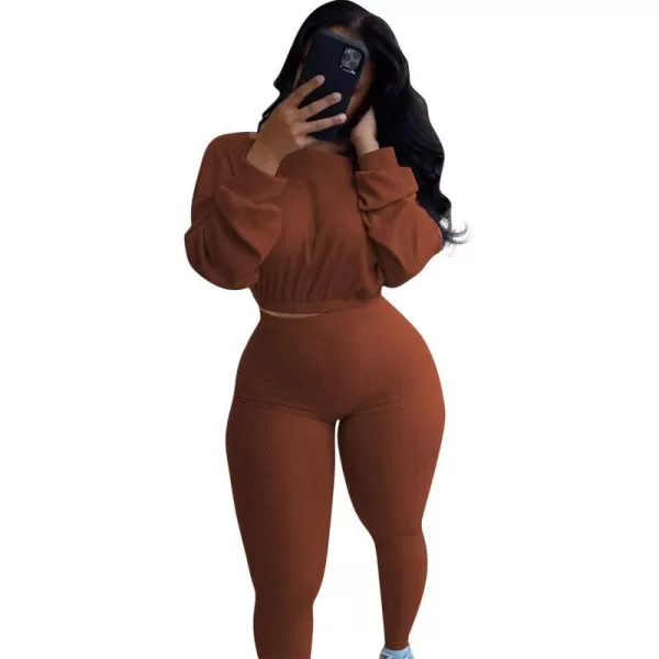 IyMoo Women 2 Piece Outfits Sweatsuit Set  Long Sleeve Ribbed Crop Top  Skinny Long Pants Tracksuit Jogger SetCoffee