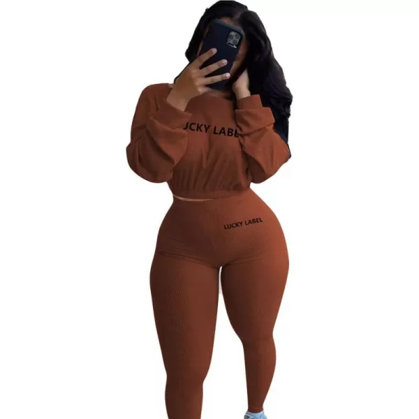 IyMoo Women 2 Piece Outfits Sweatsuit Set  Long Sleeve Ribbed Crop Top  Skinny Long Pants Tracksuit Jogger SetCoffee Letter