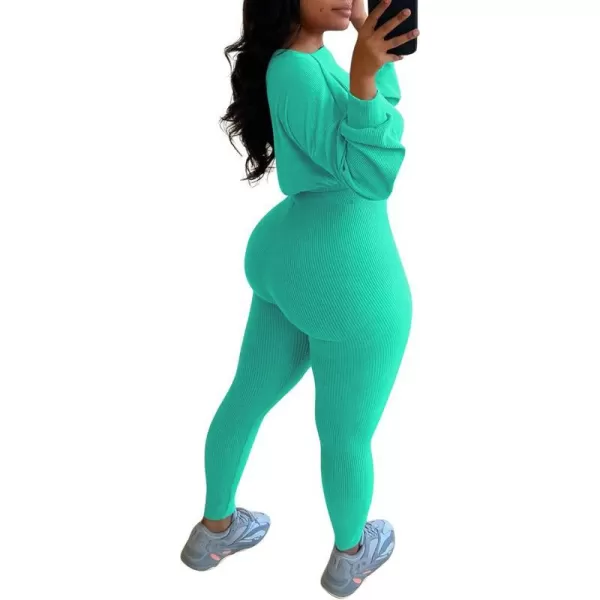 IyMoo Women 2 Piece Outfits Sweatsuit Set  Long Sleeve Ribbed Crop Top  Skinny Long Pants Tracksuit Jogger SetCyan