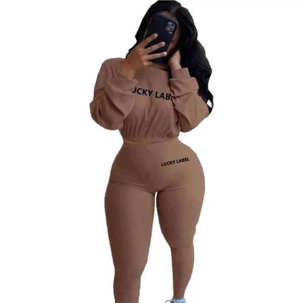 IyMoo Women 2 Piece Outfits Sweatsuit Set  Long Sleeve Ribbed Crop Top  Skinny Long Pants Tracksuit Jogger SetDark Khaki Letter