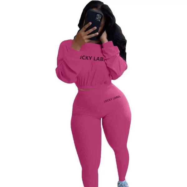 IyMoo Women 2 Piece Outfits Sweatsuit Set  Long Sleeve Ribbed Crop Top  Skinny Long Pants Tracksuit Jogger SetFuchsia Letter
