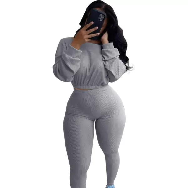 IyMoo Women 2 Piece Outfits Sweatsuit Set  Long Sleeve Ribbed Crop Top  Skinny Long Pants Tracksuit Jogger SetGray
