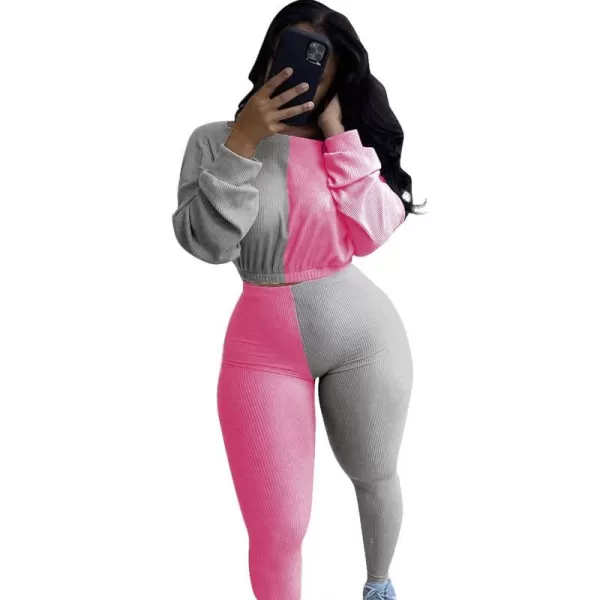 IyMoo Women 2 Piece Outfits Sweatsuit Set  Long Sleeve Ribbed Crop Top  Skinny Long Pants Tracksuit Jogger SetGray Fuchsia
