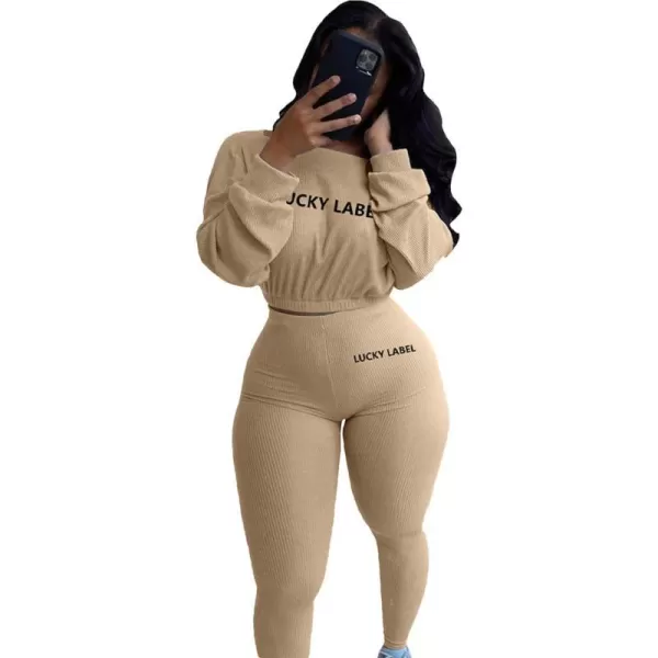 IyMoo Women 2 Piece Outfits Sweatsuit Set  Long Sleeve Ribbed Crop Top  Skinny Long Pants Tracksuit Jogger SetKhaki Letter