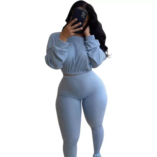 IyMoo Women 2 Piece Outfits Sweatsuit Set  Long Sleeve Ribbed Crop Top  Skinny Long Pants Tracksuit Jogger SetLight Blue