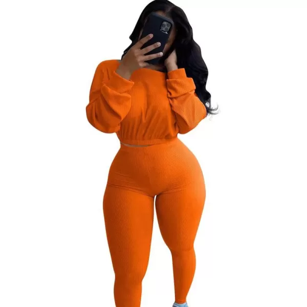 IyMoo Women 2 Piece Outfits Sweatsuit Set  Long Sleeve Ribbed Crop Top  Skinny Long Pants Tracksuit Jogger SetOrange