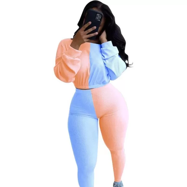 IyMoo Women 2 Piece Outfits Sweatsuit Set  Long Sleeve Ribbed Crop Top  Skinny Long Pants Tracksuit Jogger SetOrange Blue