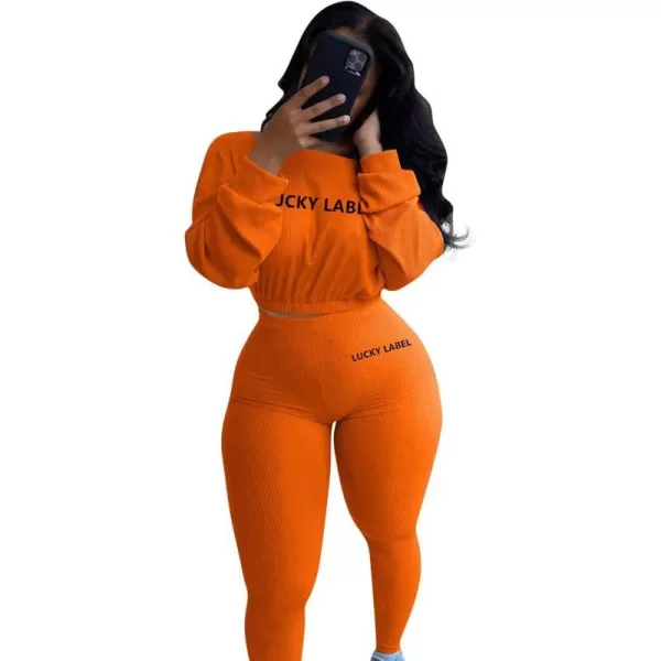 IyMoo Women 2 Piece Outfits Sweatsuit Set  Long Sleeve Ribbed Crop Top  Skinny Long Pants Tracksuit Jogger SetOrange Letter