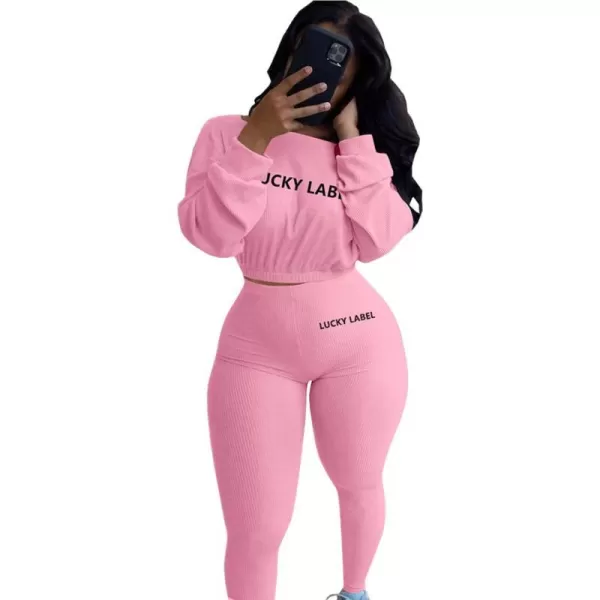 IyMoo Women 2 Piece Outfits Sweatsuit Set  Long Sleeve Ribbed Crop Top  Skinny Long Pants Tracksuit Jogger SetPink Letter