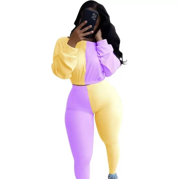 IyMoo Women 2 Piece Outfits Sweatsuit Set  Long Sleeve Ribbed Crop Top  Skinny Long Pants Tracksuit Jogger SetPurple Yellow
