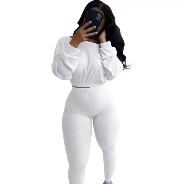 IyMoo Women 2 Piece Outfits Sweatsuit Set  Long Sleeve Ribbed Crop Top  Skinny Long Pants Tracksuit Jogger SetWhite